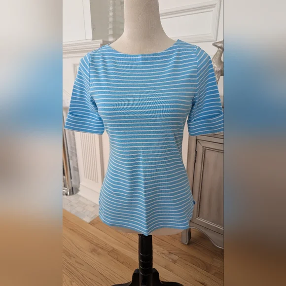 Ralph Lauren Light Blue and White Striped Short Sleeve Top - Picture 1 of 7
